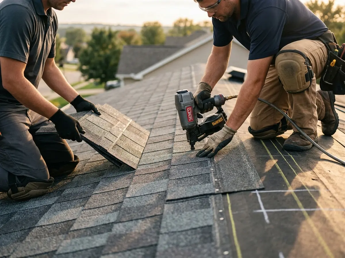 Professional roofer working on a residential roof in Madera Acres